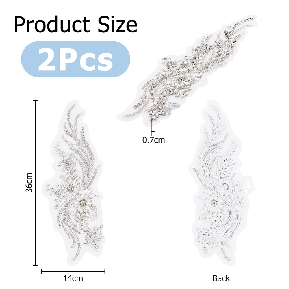 2Pcs Flower Lace Bead Applique Handmade Rhinestones Appliques Embroidery Floral Patch Sewing Beads Trim Patch Sparkly Sequins Beaded Applique for