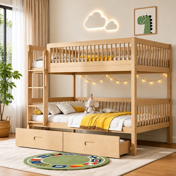 DTTRA Twin over Twin Convertible Bunk Bed with 2 Storage Drawers & Safety Handrails, Natural