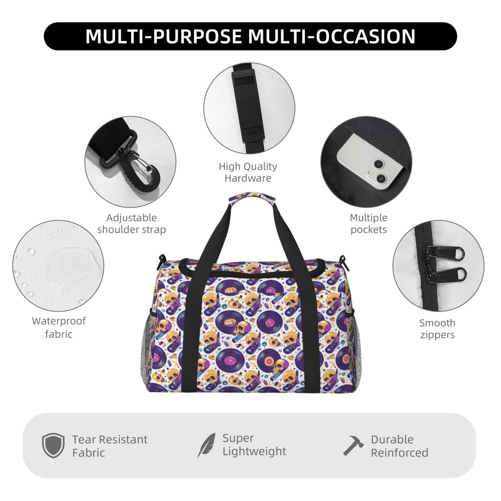 Fuzoiu record rock Skull star Print Travel Duffle Bag,Carry On Tote Bags,Duffel Bag,Sport Gym Bag, Hospital Bag for Labor and Delivery, Overnight Bag,Luggage Bag