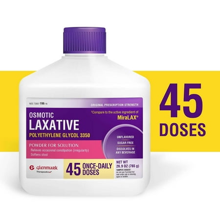 Glenmark Therapeutics Polyethylene Glycol 3350 Powder (Compare to MiraLAX), Osmotic Laxative, Softens Stool, Relieves Occasional Constipation, Powder for Solution, 26.9 Ounce
