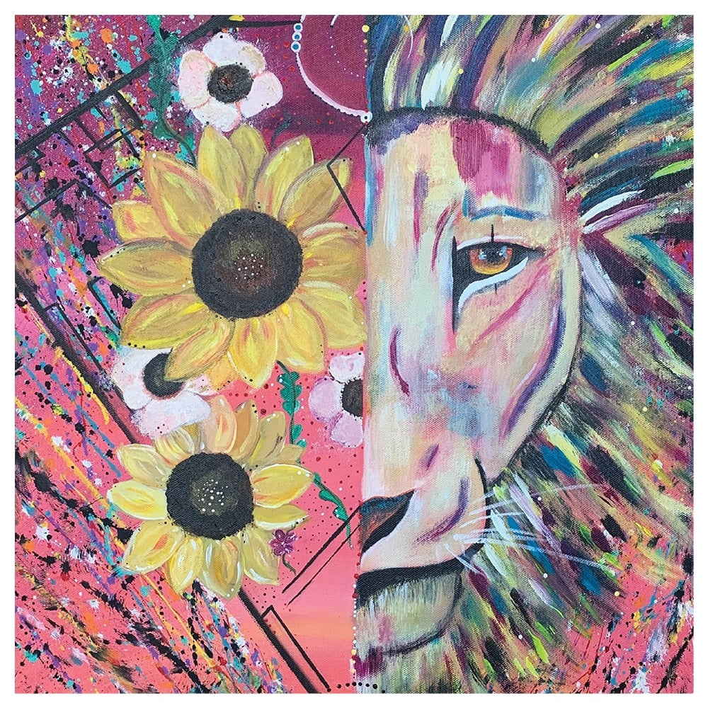 Lion Flower Splatter Design by Artist Sarah Wahl - 14"x14" Canvas Artwork 30 x 30