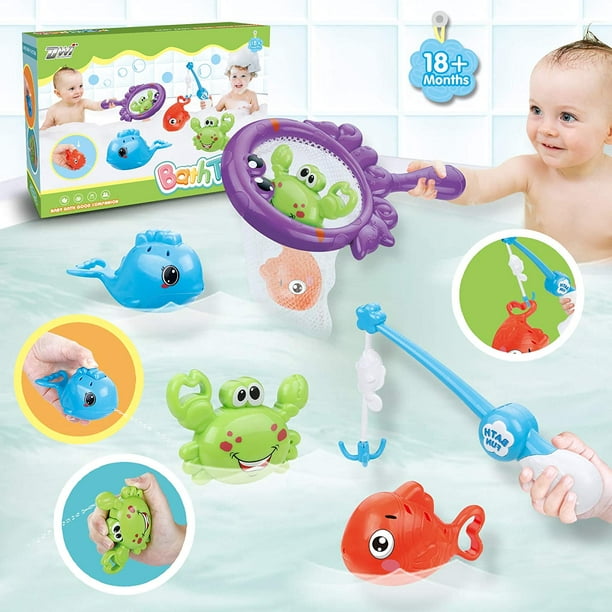 Bath Toys Fishing Games with Fish Net BPA Free No Mold Squirt Fishes Crab  Water Table Pool Bath Time Bathtub Toy for Toddlers Baby Kids Infant Girls  Boys Age 1 2 3