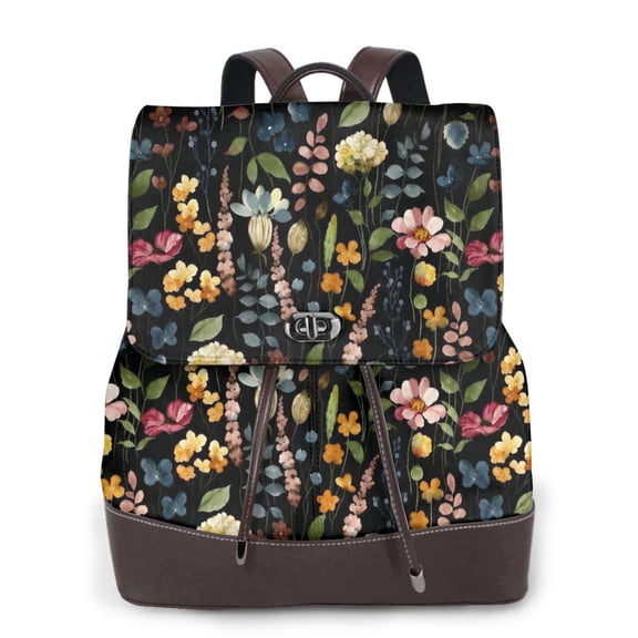 Dark Floral Women's Leather Backpack All-Over Print Bag for Work and Travel