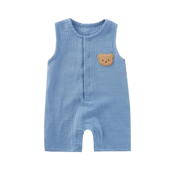 CheerKidz Baby Sleeveless Romper Shorts Bear Embroidery Outfit Gauze Breathable Summer Clothes Infant Double Layer Soft Fabric Casual Wear(Blue,6-9 Months)