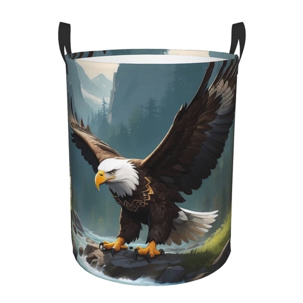 Balery Forest River Bald Eagle Cesta de ropa redonda con asas, impermeable, independiente, para ropa, juguetes, dormitorio y familia-Medium