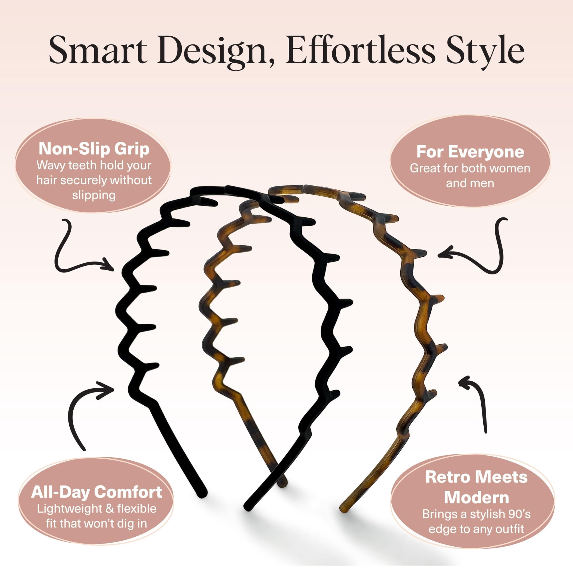 Non Slip Zig Zag Headbands with Teeth - 2 Pack Matte Black Plastic Headbands for Women & Teens, Effortless Comb Hair Bands for Slicked Back Hairstyles, Thin Skinny Hair Accessories