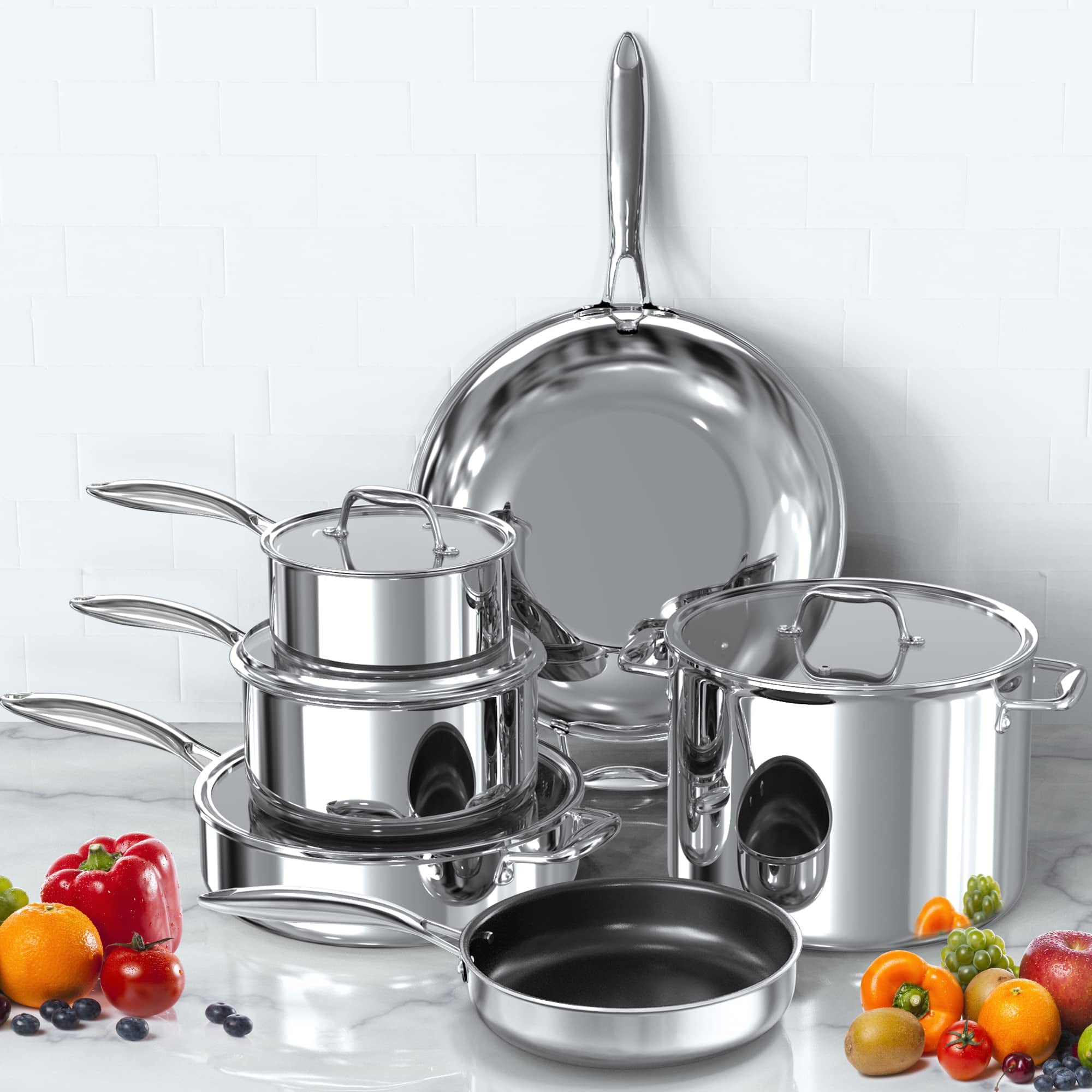 Imarku 14 Pieces Tri-Ply Three Layers Stainless Steel Cookware Set New Open  Box