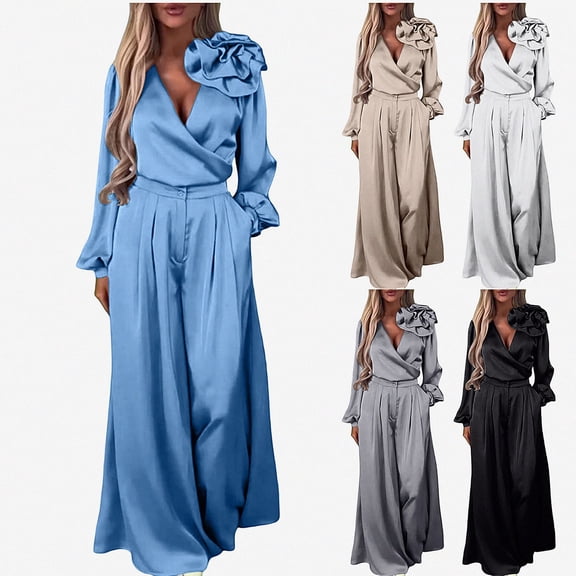Vornjynx Two Piece Sets of Womens Elegant V Neck Satin Long Sleeve Tops Wide Leg Pants Lounge Outfits Blue Size 2XL