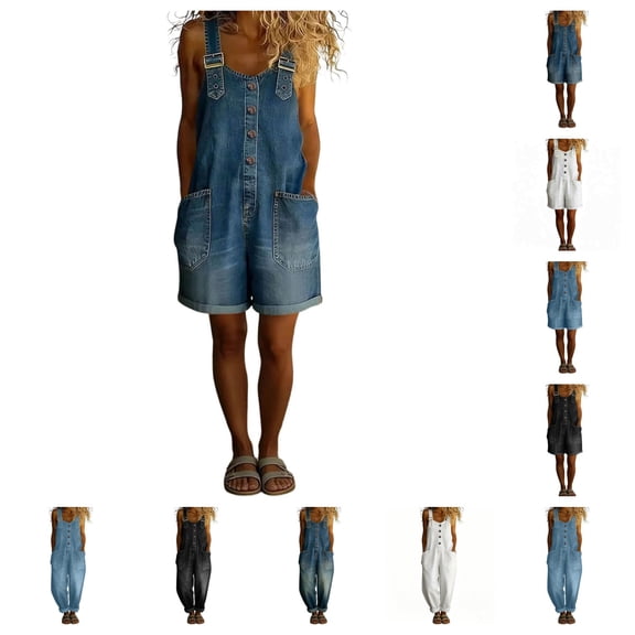 SAWOBUUN Women Denim Overalls Shorts Loose Fit Jean Romper Sleeveless Adjustable Straps Casual Dungarees
