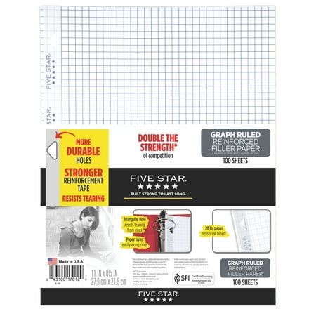 Five Star® Reinforced Filler Paper, Graph Ruled, 100 Sheets/Pack
