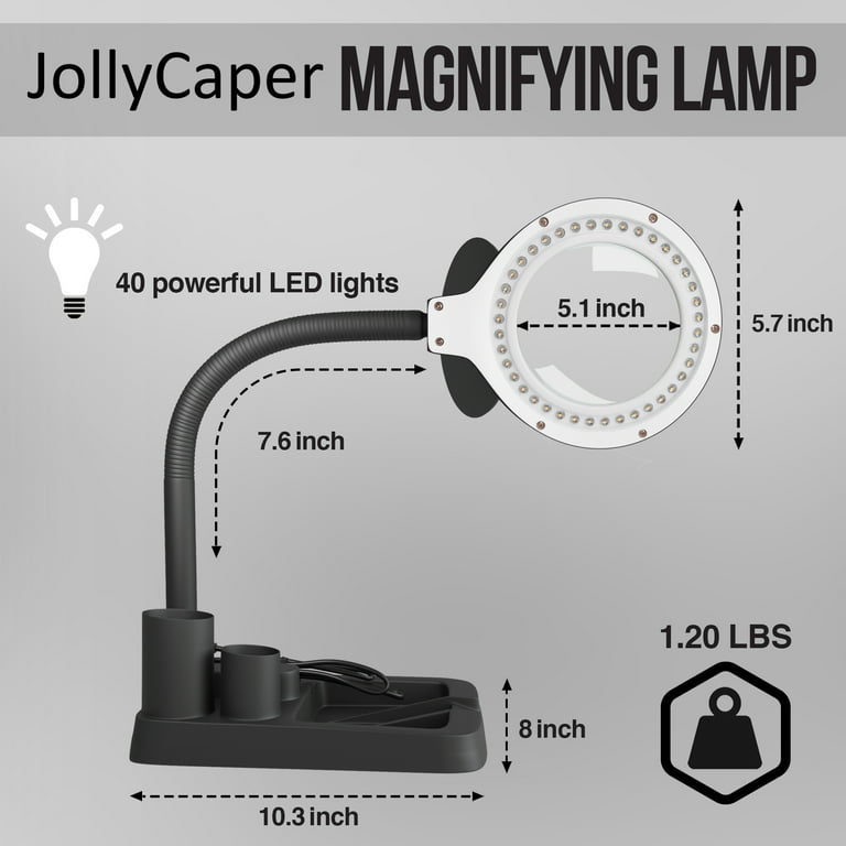 JollyCaper, Magnifying Lamp with Light and Stand for Close Works, Sturdy Base, 40 Bright LED Light, 5X & 10x Magnifier, High Clarity, Adjustable Desk