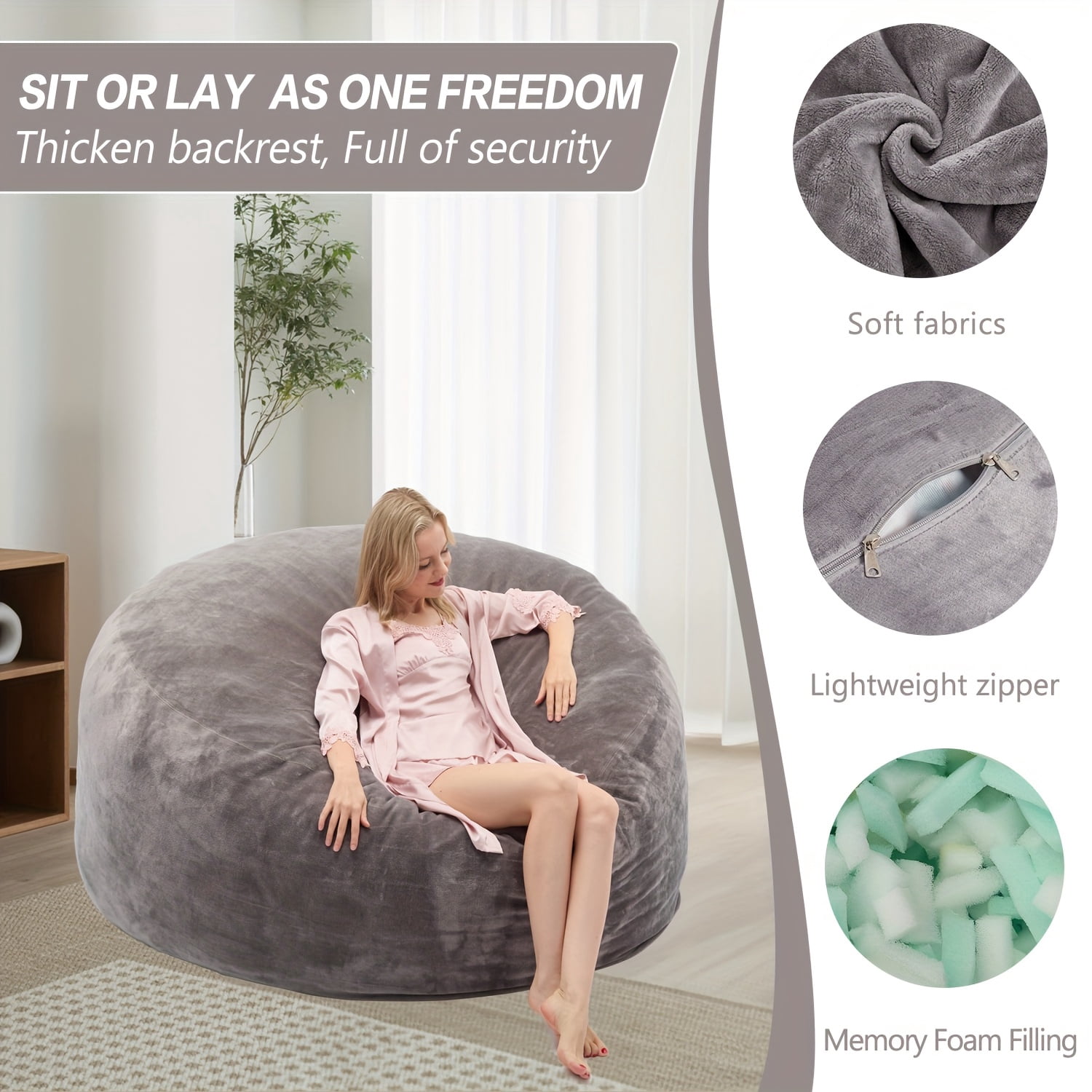 Round, Soft, and Fluffy Bean Bag Chair (Adult Size) — Available in 3-Foot and 4-Foot Sizes. Features Memory Foam Filling and A Removable, Washable Cover. Perfect for The Living Room, Bedroom
