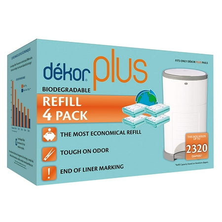 Dekor Plus Diaper Pail Biodegradable Refills | 4 Count | Most Economical Refill System | Quick and Simple to Replace | No Preset Bag Size ? Use Only What You Need | Exclusive End-of-Liner Marking