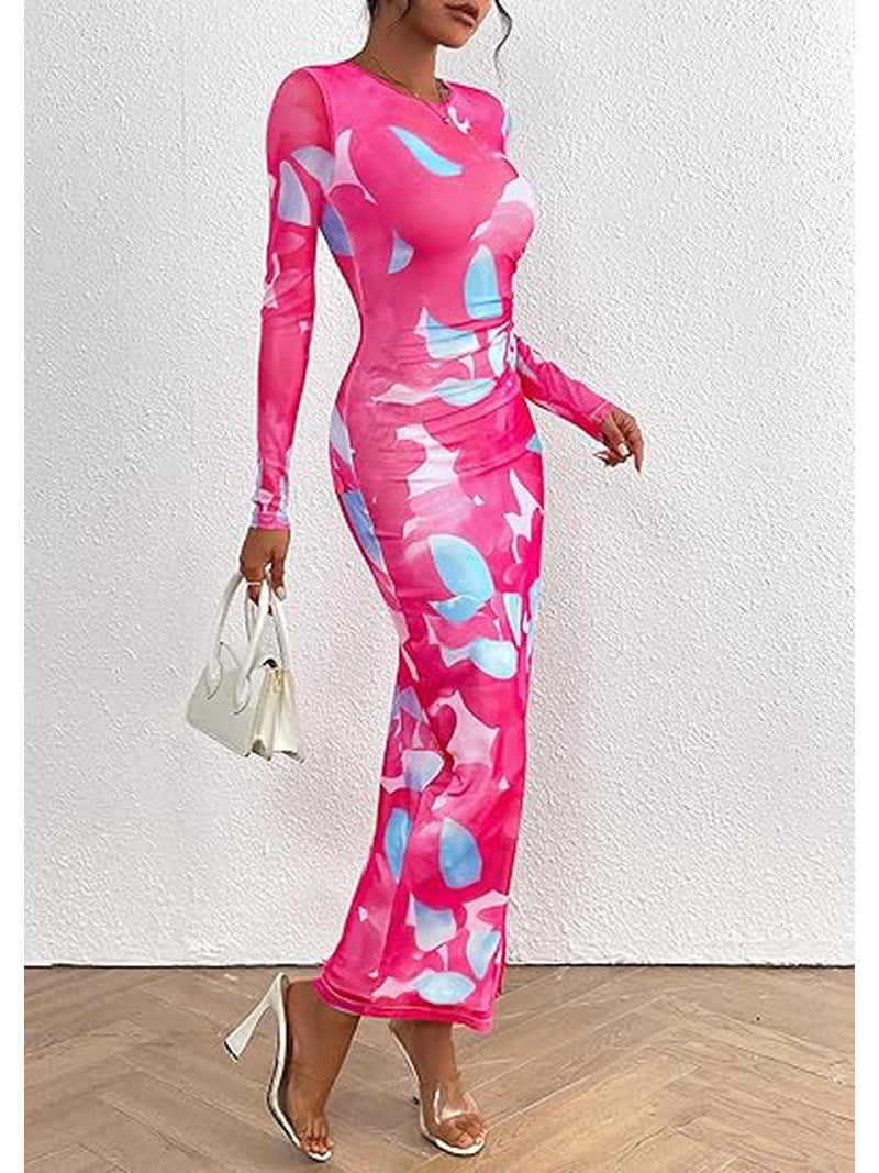 PRETTYGARDEN Women's Bodycon Maxi Dress Fall Spring Fashion Long Sleeve  Floral Print Tight Fitted Party Club Ruched Dresses - Walmart.com