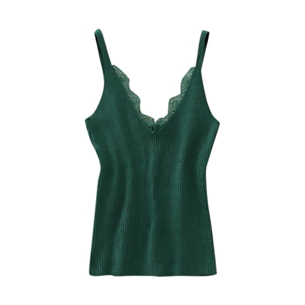 Gibobby Moda sin mangas tejer Tops encaje damas cuello en V mujeres chaleco sólido blusa de mujer(Verde,Talla única)