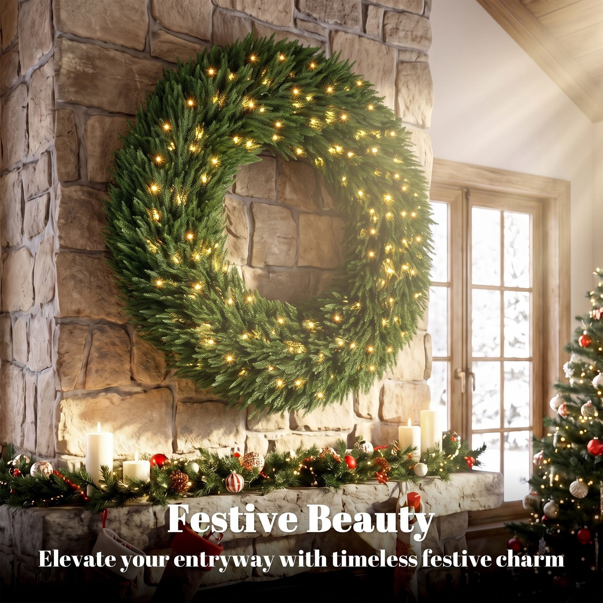 Pre-Lit Artificial Christmas Wreath, 48 in Norfolk Pine with 150 Warm White LED Lights, 770 Tips, Indoor and Covered Outdoor Holiday Door Decor
