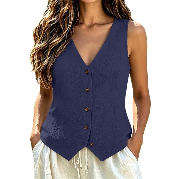 YaEYa Linen Vest Tops for Women Summer Lightweight Button Down Sleeveless Shirts V Neck, Business Casual Vests Tank Top Fashion 2026 for Work Office Teacher Outfits Vacation (Navy,S)