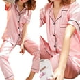 thumbnail image 3 of Femmes Pyjama en Satin d'Été Ensemble Revers Manches Courtes Hauts à Poitrine Simple+pantalon, 3 of 5