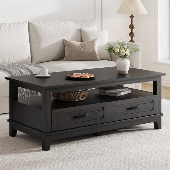 Farmhouse Coffee Table with Drawers, 47.2" Center Table Rustic Coffee Tables Black Living Room Table, with Open Shelf and 6 Support Legs