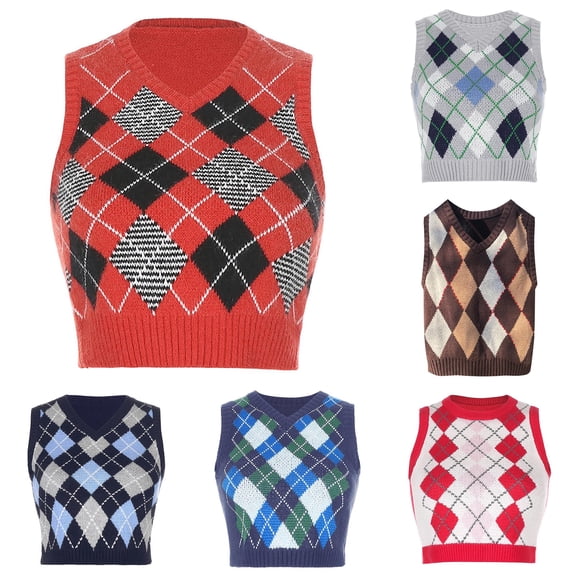 Unir Womens Sleeveless Sweater Vest Classic V Neck Argyle Plaid Knit Cropped Tank Basic Preppy Everyday Layering Top S-M-L 1 Piece