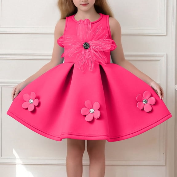 Kids Little Girls Hot Pink A-Line 3D Floral Appliqué Sleeveless Party Wedding Dress,Size 12-18 M