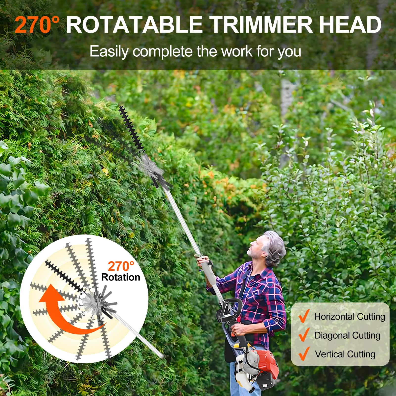 5 in 1 Weed Eater Grass Trimmer, Multi-Functional String Trimmer with Gas Pole Saw, Hedge Trimmer, Weed Trimmer, and Brush Cutter, 43"Extension Pole, Weed Eater for Patio Garden Lawn, 52CC 2-Cycle