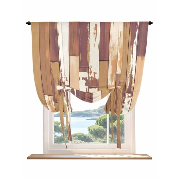 Brown Beige Tie Up Curtains for Windows 45 Inch Length Balloon Curtains Kitchen Adjustable Balloon Window Shade Vintage Farmhouse Shabby Wooden Grain Tie Up Valance Bathroom Curtain Window 34"x45"