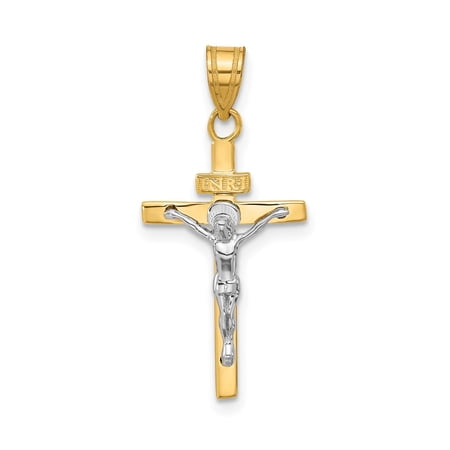 14k Real Gold INRI Latin Crucifix Cross Pendant for Men and Women Two Tone Religious Necklace with Jesus Figure Catholic Christian Devotional Jewelry in White and Yellow Gold