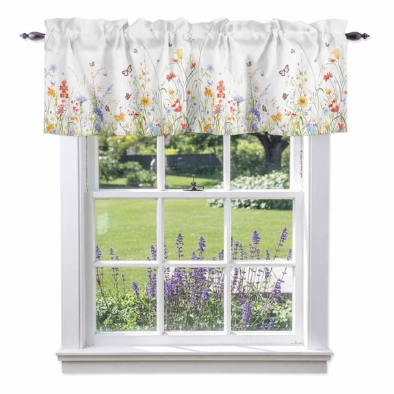 Watercolor Spring Blossom Flower Valances for Windows,Kitchen Valance Rod Pocket Short Curtain, Floral Butterfly on White Valance Curtain Window Valances for Bedroom Bathroom Living Room 42x12in