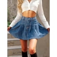 thumbnail image 3 of Blue Womens Medium Wash Denim Pleated High Waist Mini Skirt With Pockets, 3 of 11