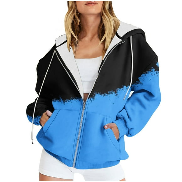 LLYwey Womens Cotton Jacket Discounts Women's Casual Printed Zippered Long Sleeve Hooded Sweatshirt Jacket Tops New Lightweight Jacket Women Hoodie Style U86 Blue XXL