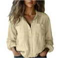 thumbnail image 3 of Dazajoo Button Down Linen Shirts for Women Casual Solid Color Long Sleeve Blouses with Pockets 2025 Summer Lightweight Loose Lapel Tops,Khaki,L, 3 of 7