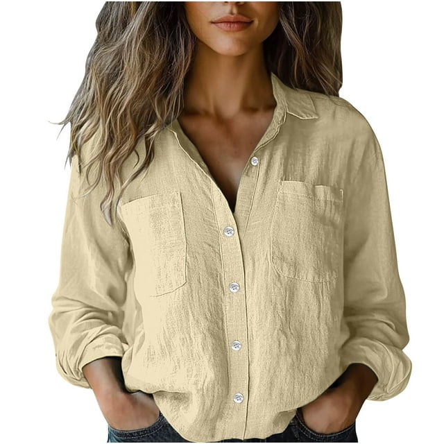 Ohufall Womens Linen Shirts Solid Turn Down Collar Comfy Work Blouses with Pockets Fall Casual Long Sleeve Button Down Shirts Work Tops