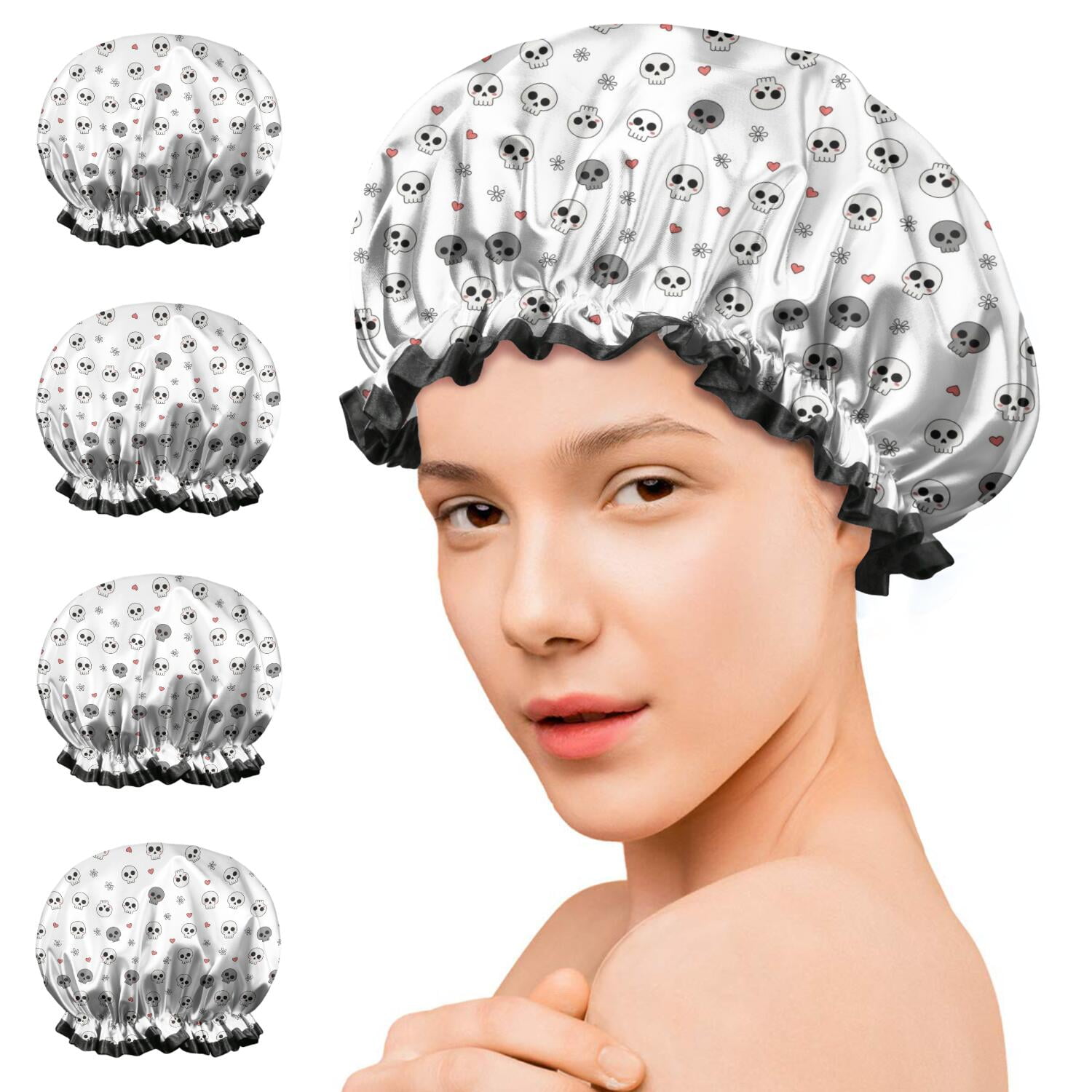 Shower Caps,White Skull Heart Flower Pattern Waterproof Shower Cap for Women 4 Pieces,Double Reusable Hair Cover for Shower PEVA Elastic Stretch Hem