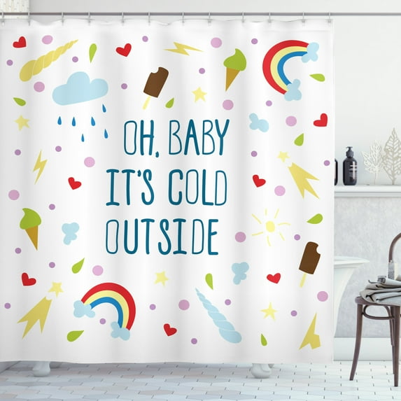 Oh Baby Shower Curtain, Oh Baby It's Cold Outside Ironic Joke Phrase with Colorful Summertime Theme Icons, Fabric Bathroom Set with Hooks, 69W X 84L Inches Extra Long, Multicolor, by Ambesonne