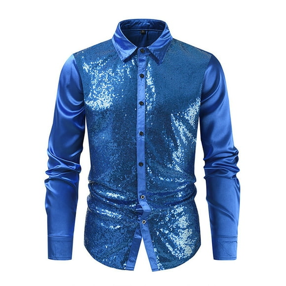 Mens Shirt Adult Male Men Shirts Fashion Hip Hop Men's Club Solid Color Gold Hot Sequin Fashion Personality Long Sleeve Shirt Clothes(Blue,M)