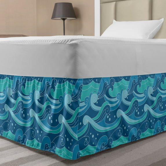 Waves Bed Skirt, Oceanic Splashes Blots and Spirals Aquatic Marine Theme, Elastic Bedskirt Dust Ruffle Wrap Around for Bedding Decor, 4 Sizes, Turquoise Sea Blue, by Ambesonne