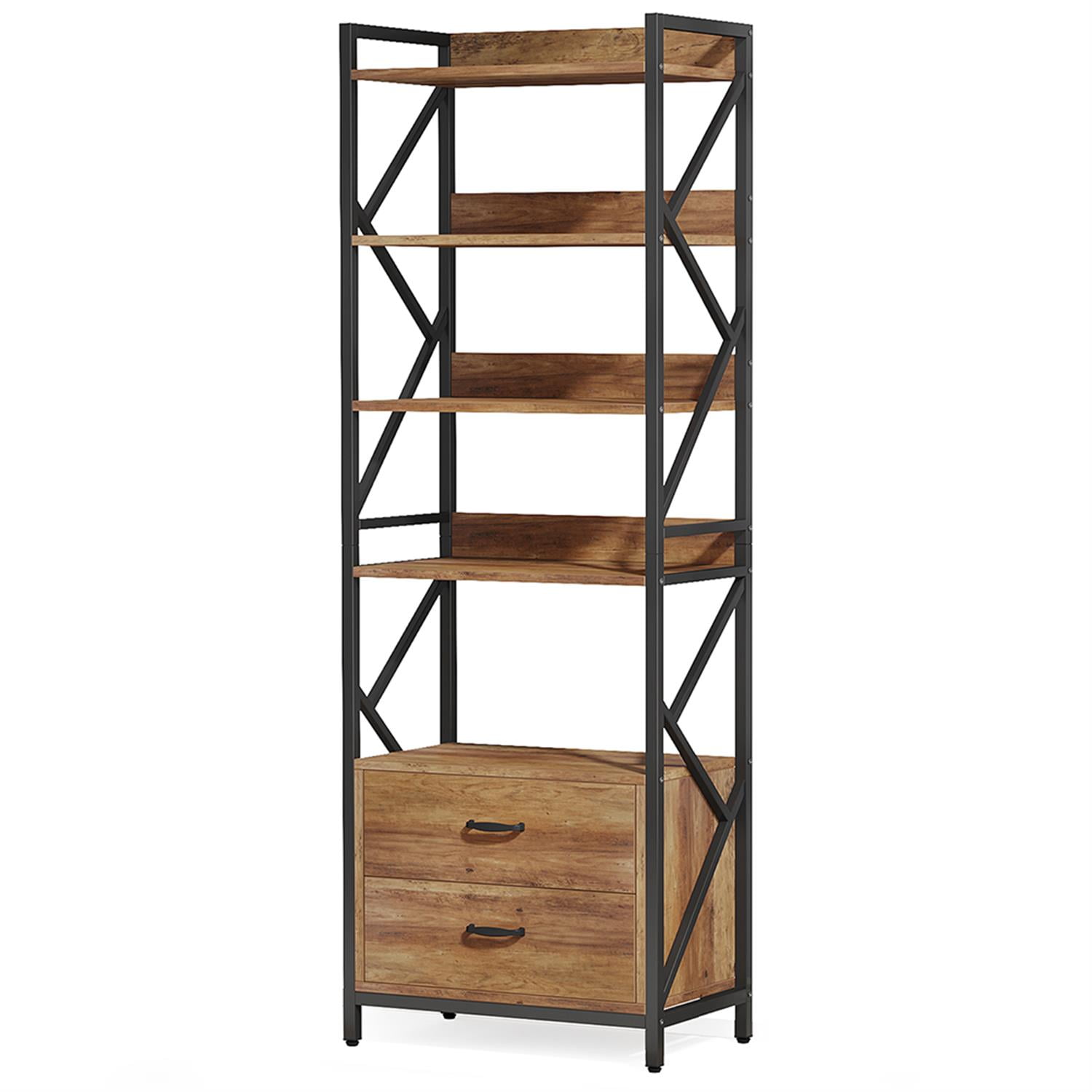 Demi Bonn 5 Tier Bookshelf with 2 Drawers, Wood and Metal Bookcase Storage Organizer, 70" Tall Display Standing Shelf Unit for Bedroom, Living Room, Brown
