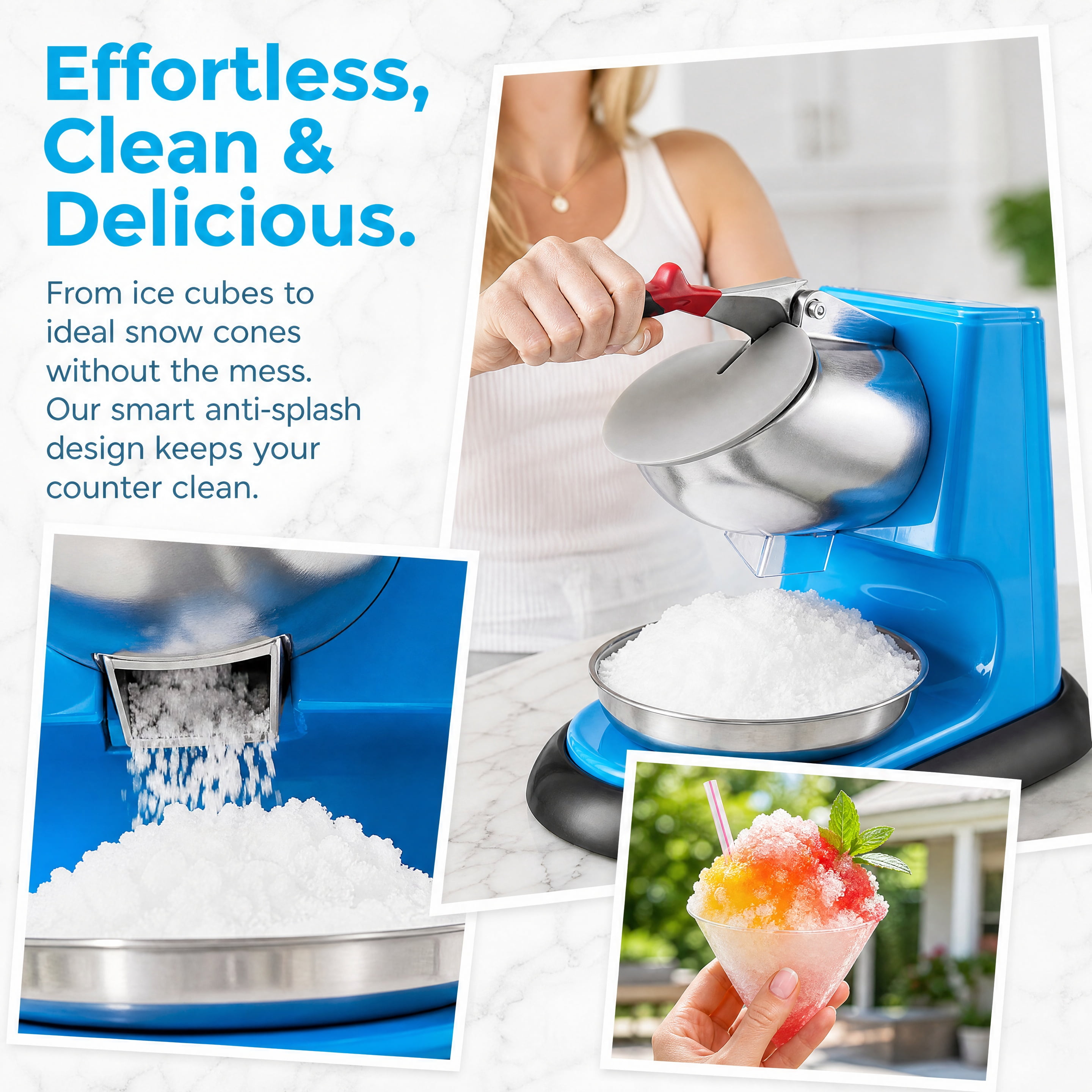 300W Commercial Electric Ice Crusher 220LBS/H Snow Cone Maker Shaved Ice Machine with 4 Stainless Steel Blades Anti‑Splash Design for Home Party Dessert Shop Blue