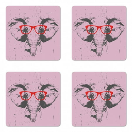 

Hipster Coaster Set of 4 Grunge Funny Portrait of an Elephant with Funny Glasses Square Hardboard Gloss Coasters Standard Size Pale Rose Charcoal Grey by Ambesonne