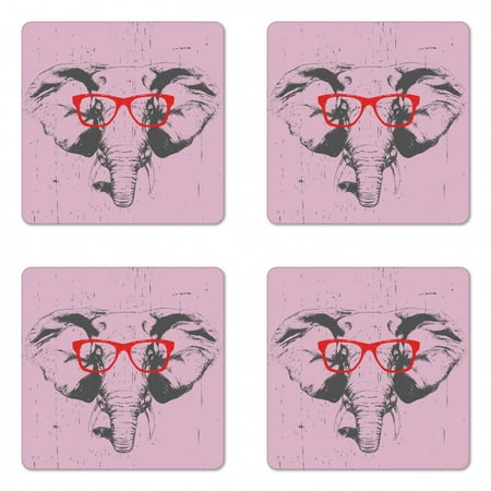 

Hipster Coaster Set of 4 Grunge Funny Portrait of an Elephant with Funny Glasses Square Hardboard Gloss Coasters Standard Size Pale Rose Charcoal Grey by Ambesonne