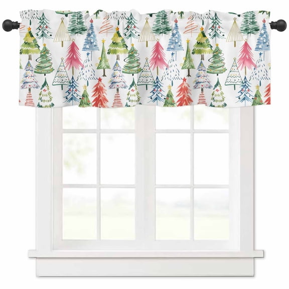 Colorful Christmas Tree Valances for Windows, Abstract Painting Pine Tree Forest Light Filtering Window Treatment Valances, Rod Pocket Small Curtains for Kitchen/Bathroom, 60"x14"