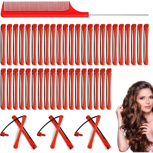 48 Pieces Hair Perm Rods Hair Perm Rods Plastic Perming Rods Curlers Hair Rollers with Steel Pintail Comb Rat Tail Comb for Hairdressing Styling Tools (02 Inch Red)