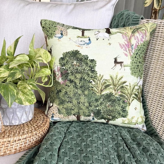 The HomeCentric Decorative Throw Pillow covers Green 26"x26" (65x65 cm) Cotton Hand Embroidery, Peacock, Floral Euro Pillow Shams, Floral Contemporary Style - Mor Nritya