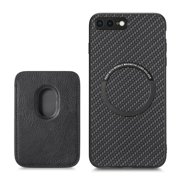 Cutyskin Carbon Fiber Texture PU Leather Case for iPhone 7 Plus/8 Plus, with Detachable Card Holder, Compatible Magsafe Charging, Ultra Thin Design Shockproof Phone Case, Black