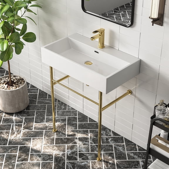 30" White Rectangular Console Bathroom Sink with Overflow