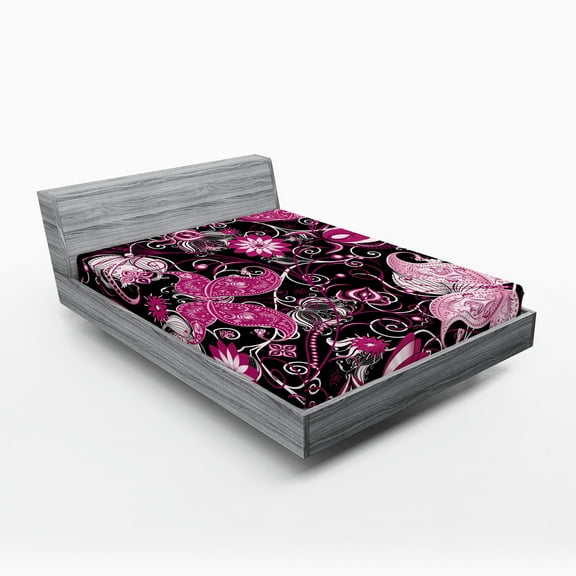 Ambesonne Floral Fitted Sheet, Oriental Flowers on Dark, Queen Size, Charcoal Grey Magenta
