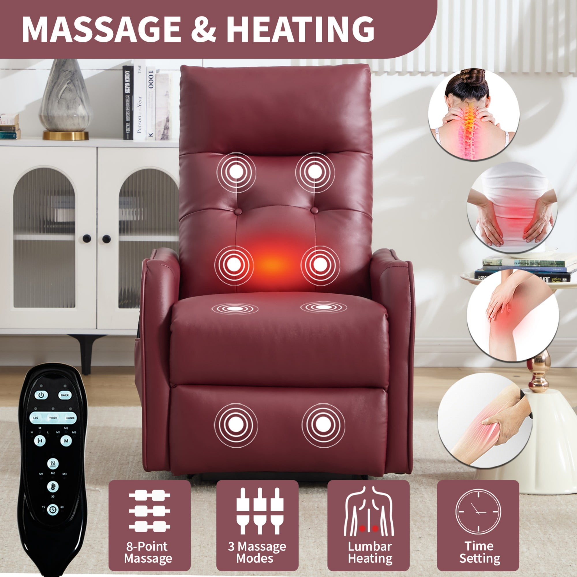 BSHTI Faux Leather Power Lift Recliner Chair with Vibration Massage, Lumbar Heat, USB Charging for Living Room(Red)