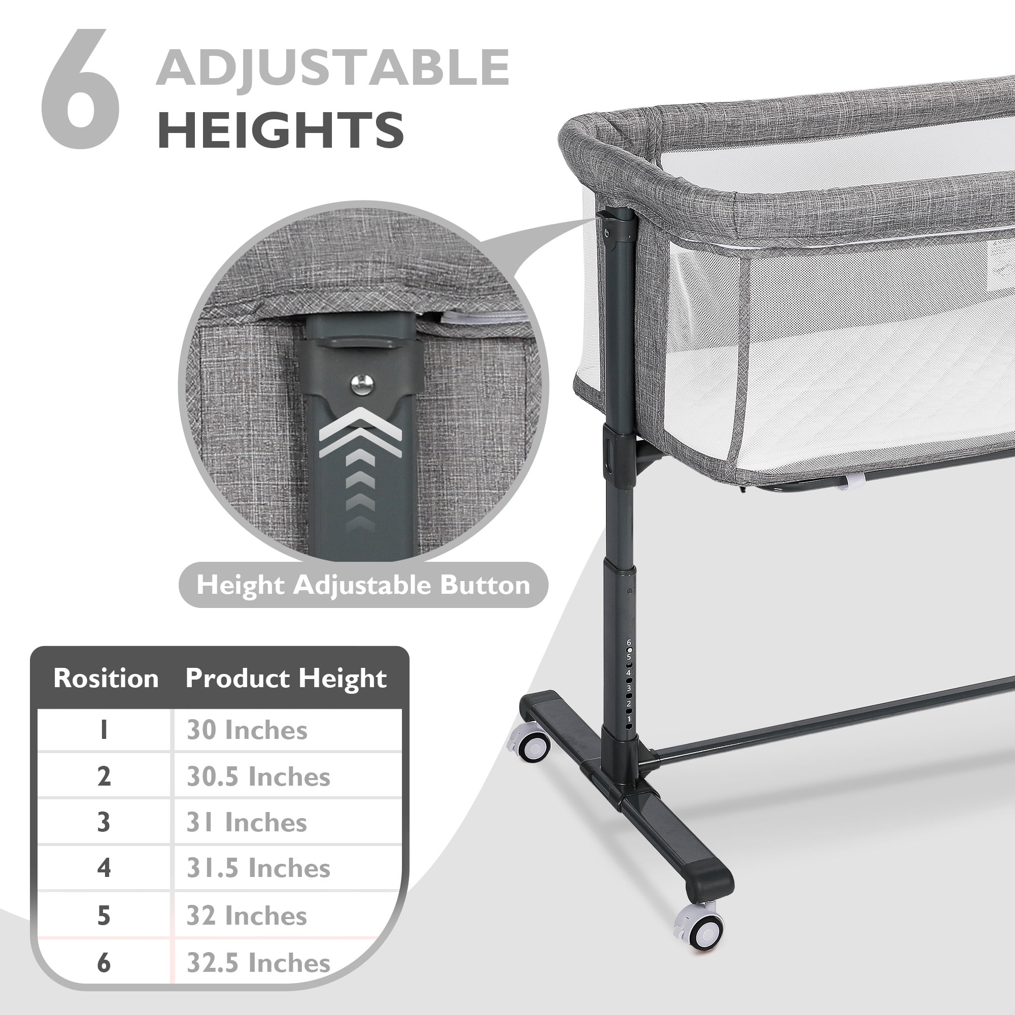 AILEEKISS Baby Bassinet with Wheels Adjustable Bedside Sleeper Bassinet Newborn Baby Crib, Grey