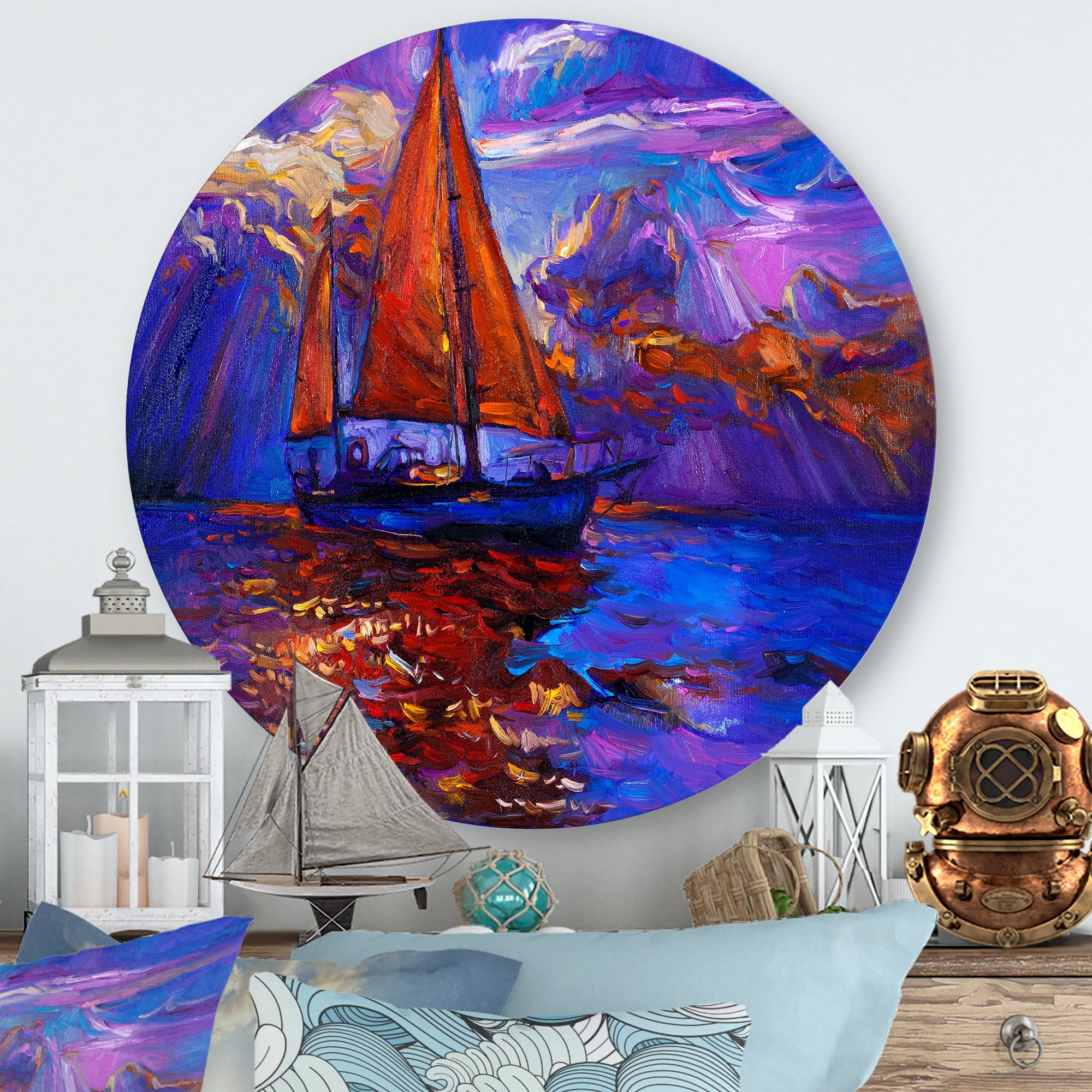 Designart 'Red Sail Ship On Purple Sunset in Blue Ocean' Nautical & Coastal Circle Metal Wall Art 23x23 - Disc of 23